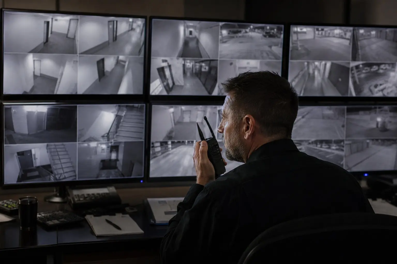 Security intelligence analyst monitoring multiple CCTV feeds
